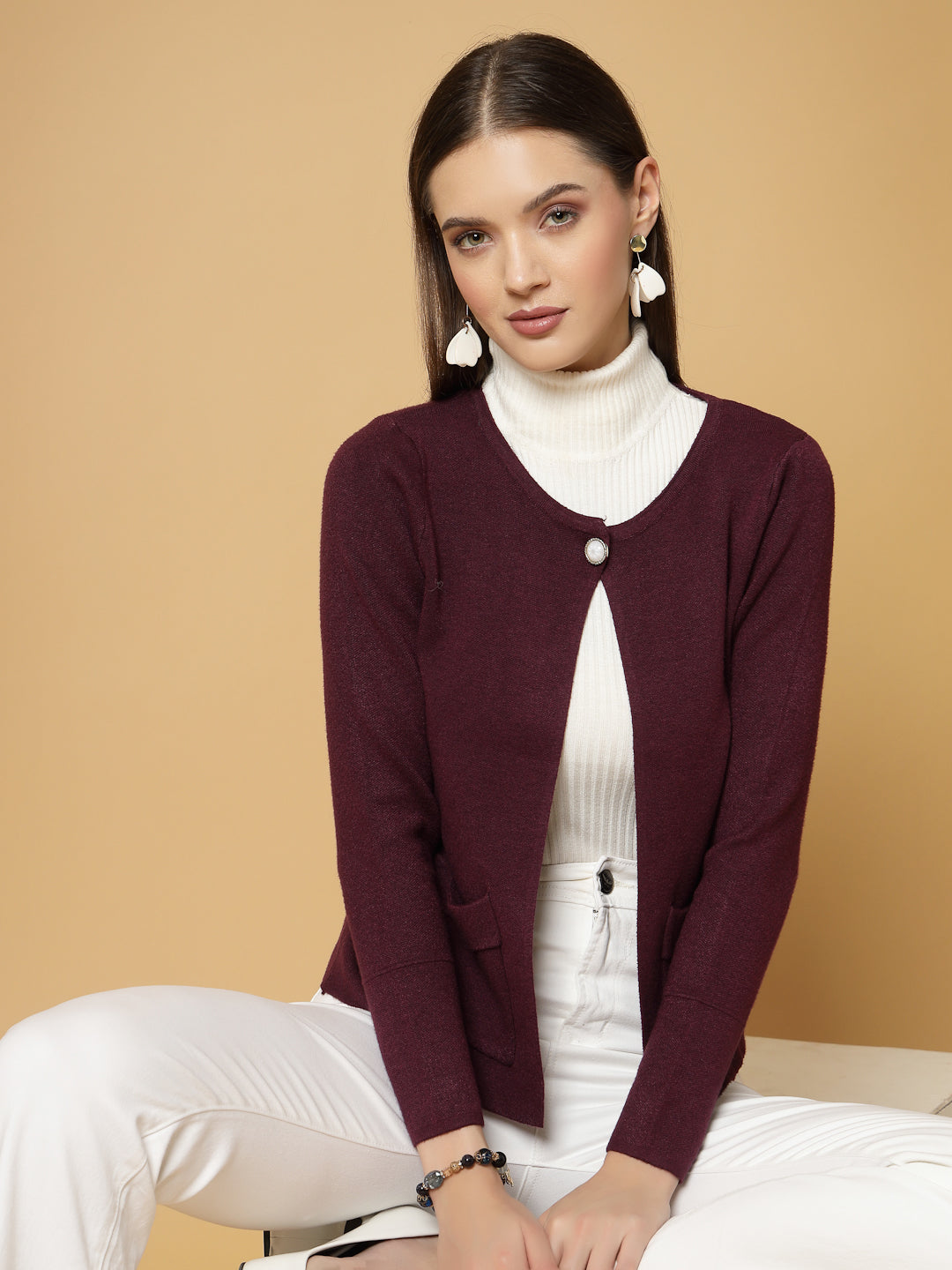 Mafadeny Women Winter Wear Wine Short & Stylish Shrug