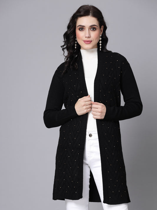 Mafadeny Women Winter Wear Black Longline Embellished Shrug