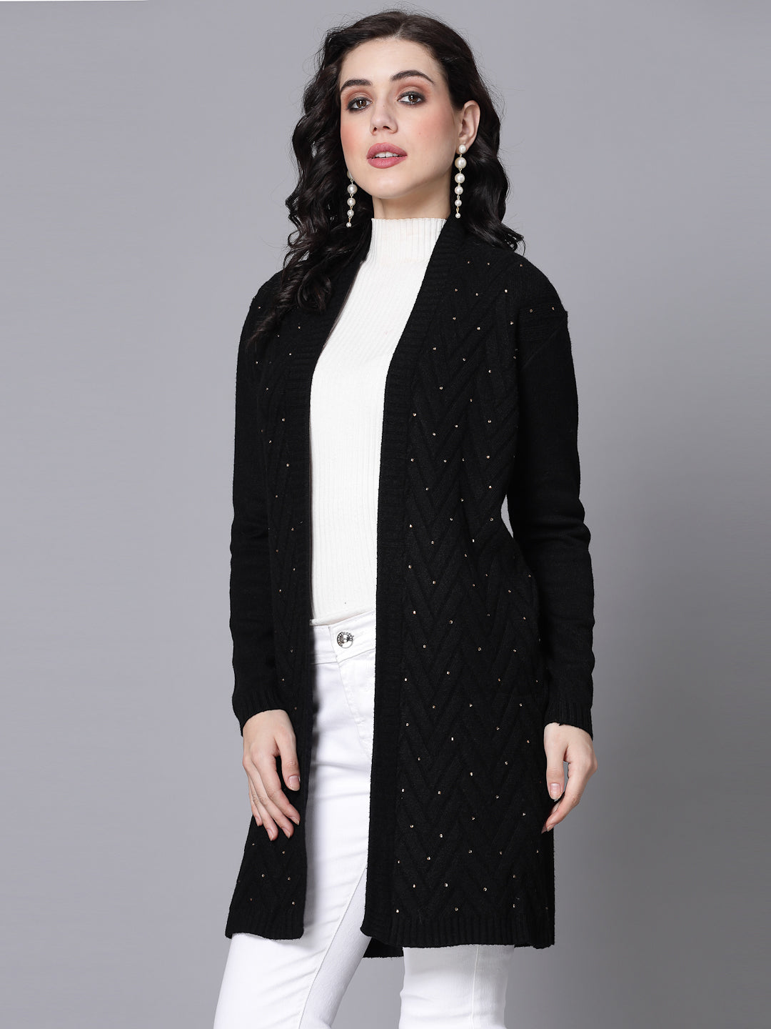 Mafadeny Women Winter Wear Black Longline Embellished Shrug