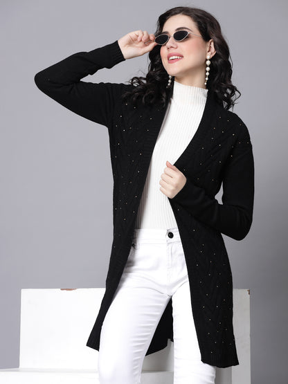 Mafadeny Women Winter Wear Black Longline Embellished Shrug