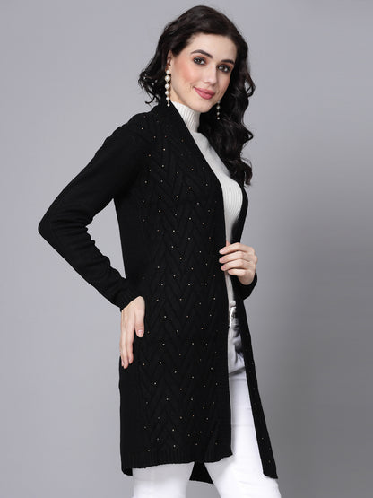 Mafadeny Women Winter Wear Black Longline Embellished Shrug