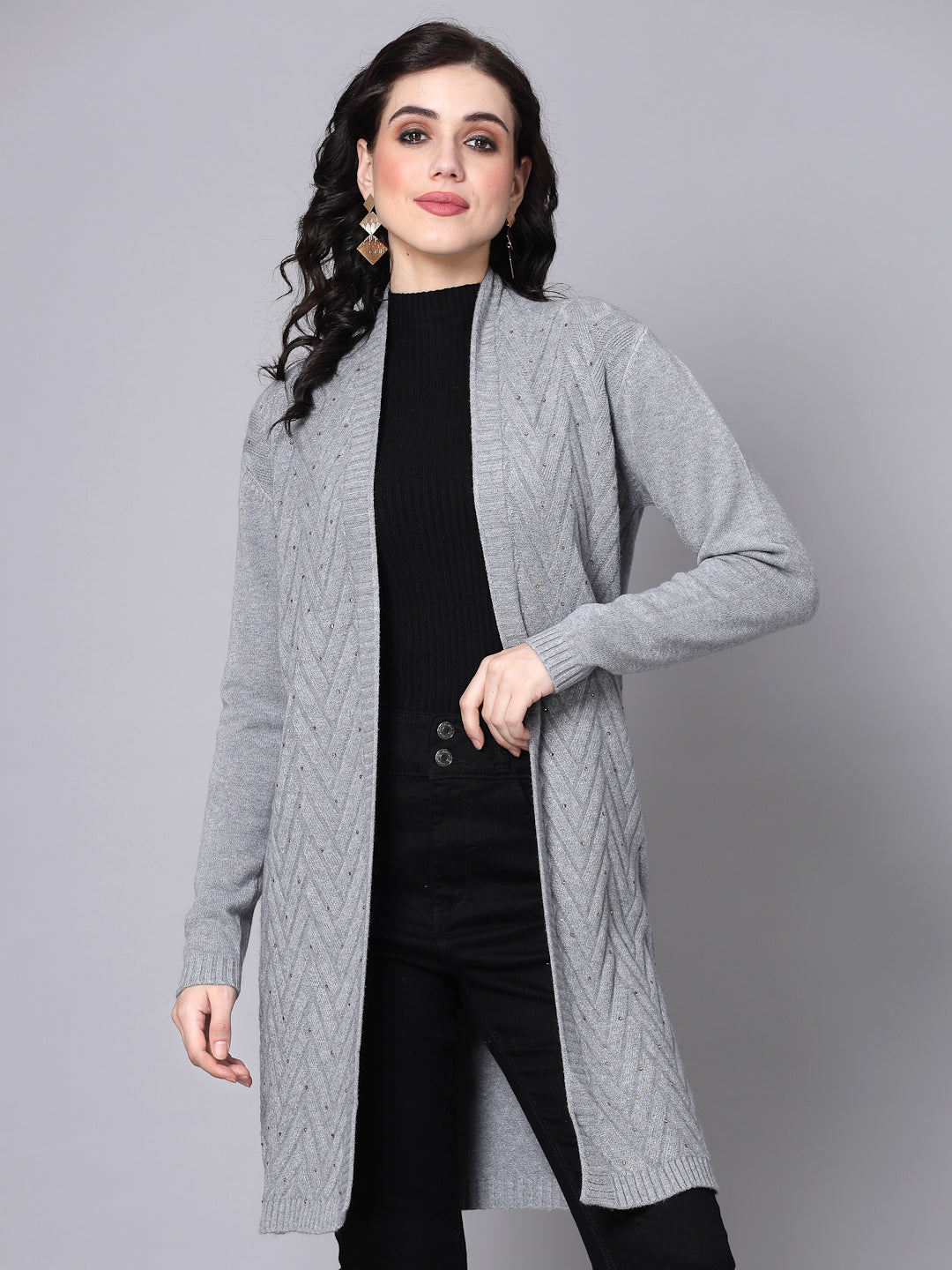 Mafadeny Women Winter Wear Grey Longline & Stylish Shrug