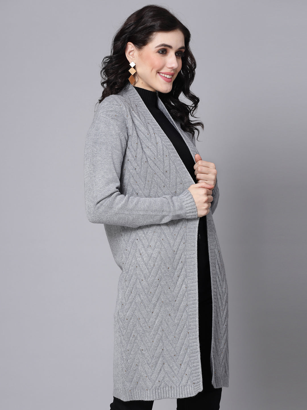 Mafadeny Women Winter Wear Grey Longline & Stylish Shrug