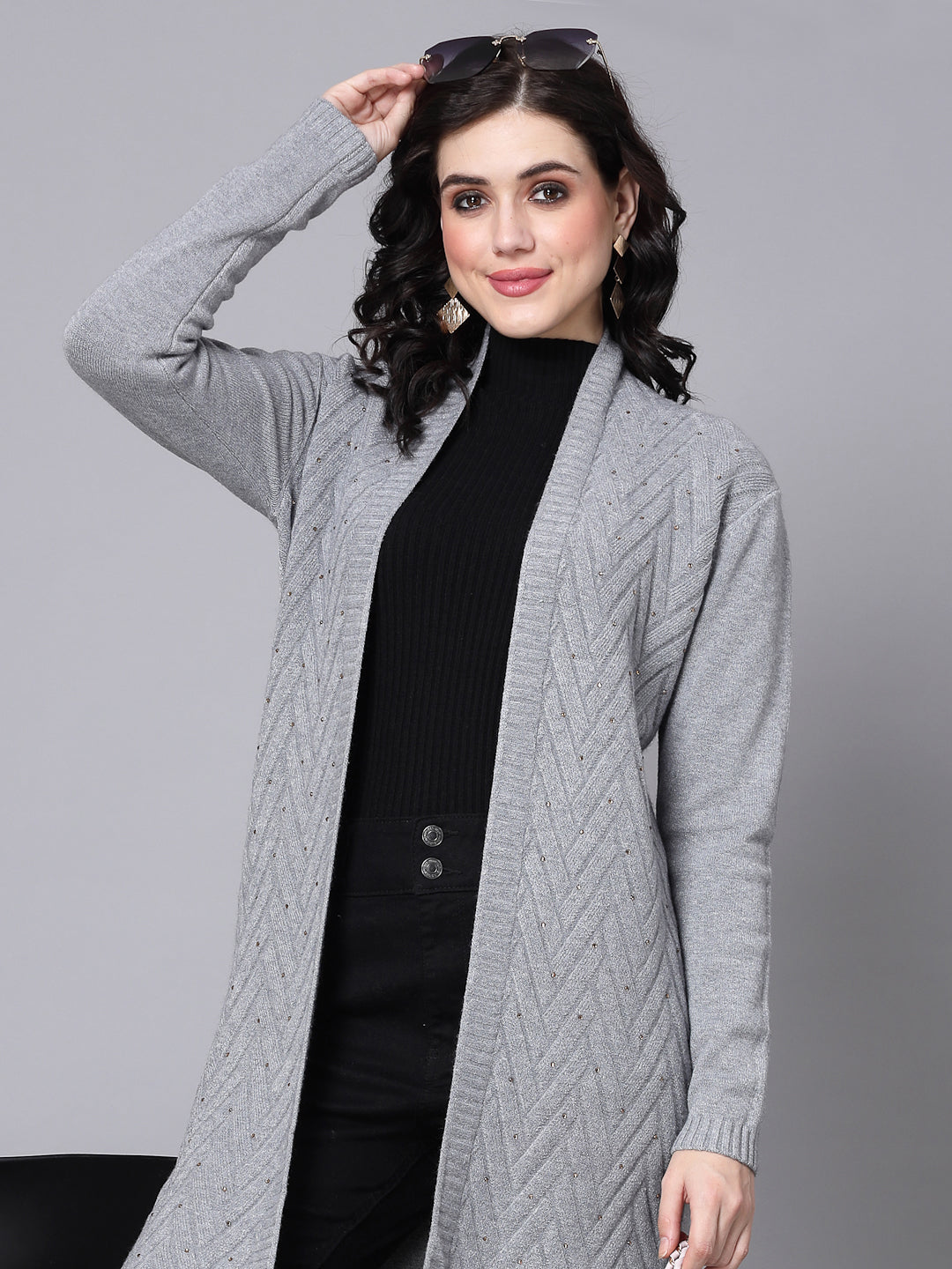 Mafadeny Women Winter Wear Grey Longline & Stylish Shrug