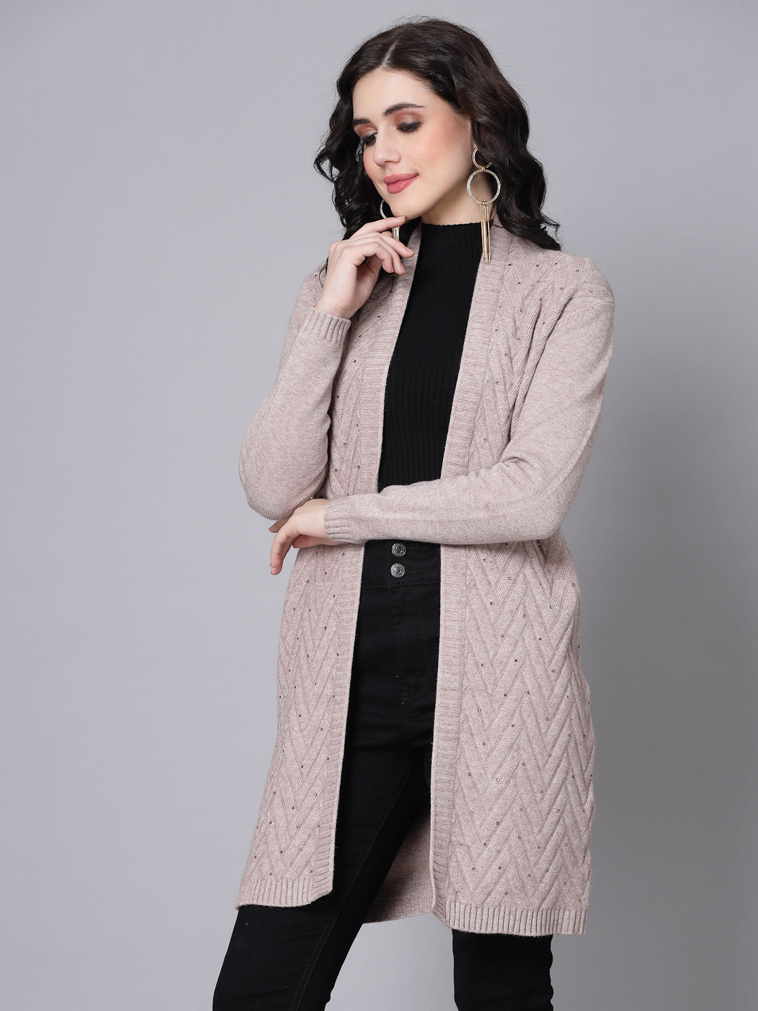 Mafadeny Women Winter Wear Khakhi Longline & Stylish Shrug