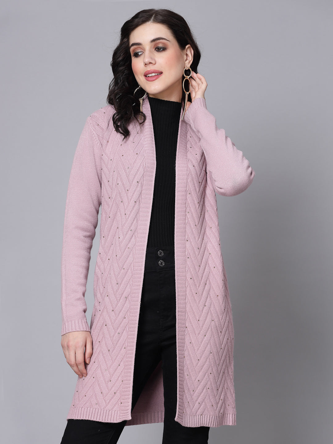 Mafadeny Women Winter Wear Mauve Longline & Stylish Shrug