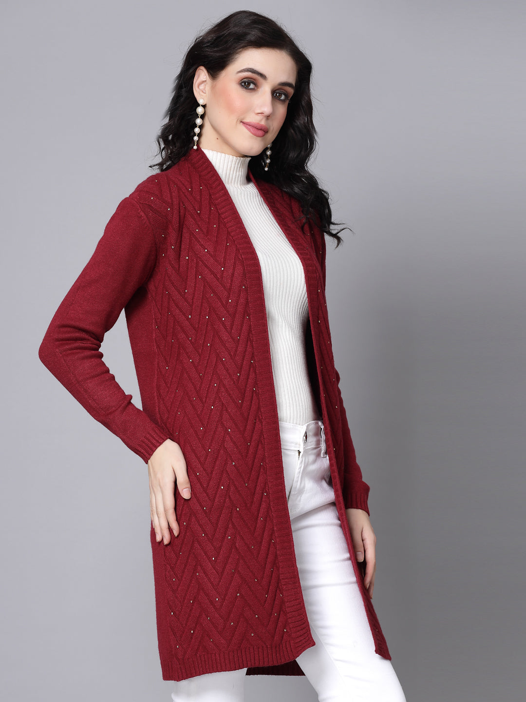 Mafadeny Women Winter Wear Maroon Longline & Stylish Shrug