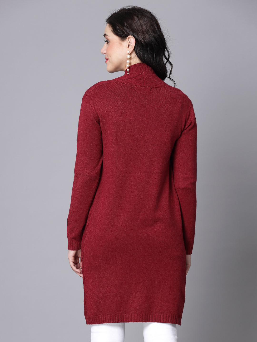 Mafadeny Women Winter Wear Maroon Longline & Stylish Shrug