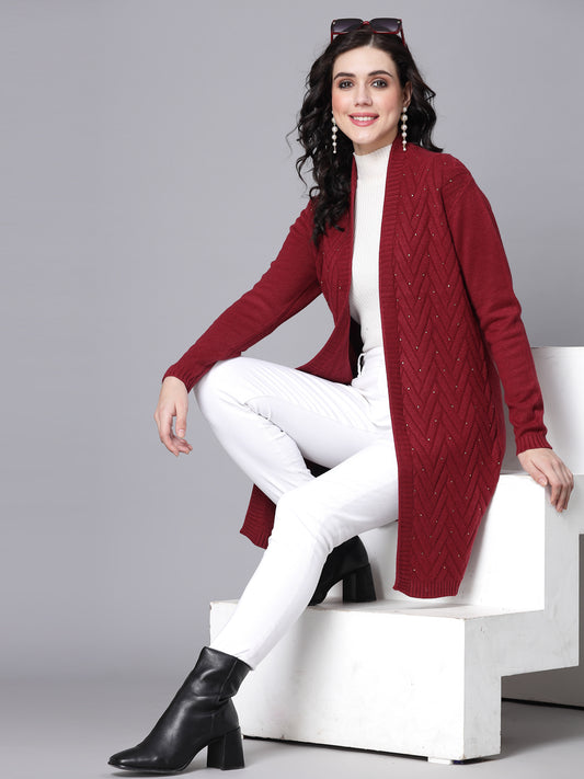 Mafadeny Women Winter Wear Maroon Longline & Stylish Shrug