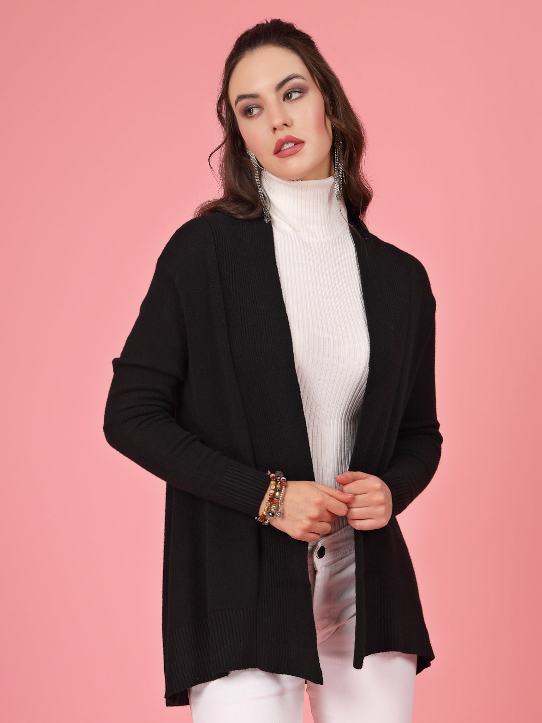 Mafadeny Women Winter Wear Black Longline Shrug