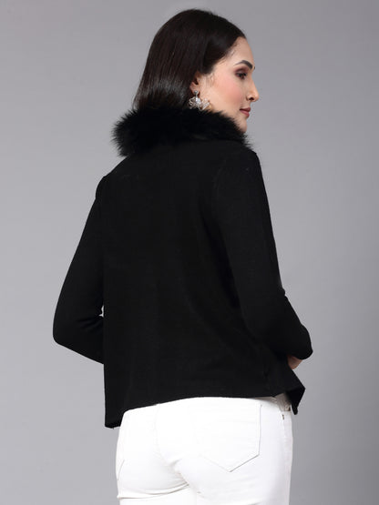 Mafadeny Women Winter Wear Black furry Shrug