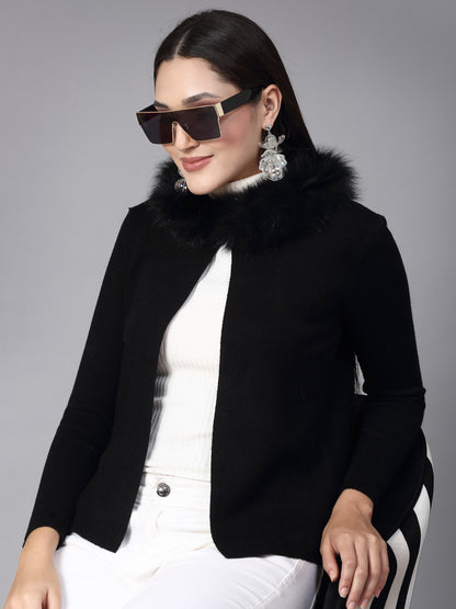 Mafadeny Women Winter Wear Black furry Shrug