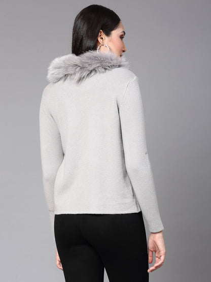 Mafadeny Women Winter Wear Grey furry Shrug