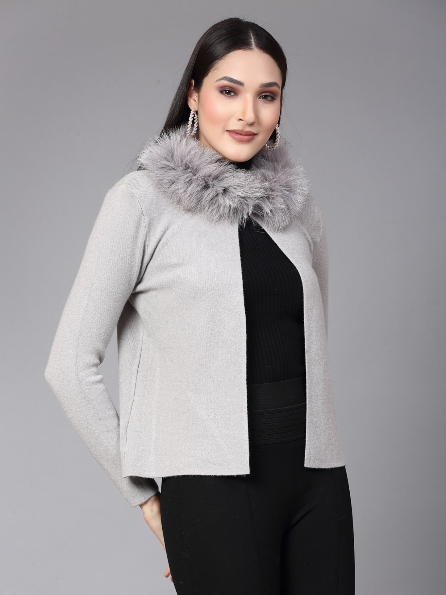 Mafadeny Women Winter Wear Grey furry Shrug