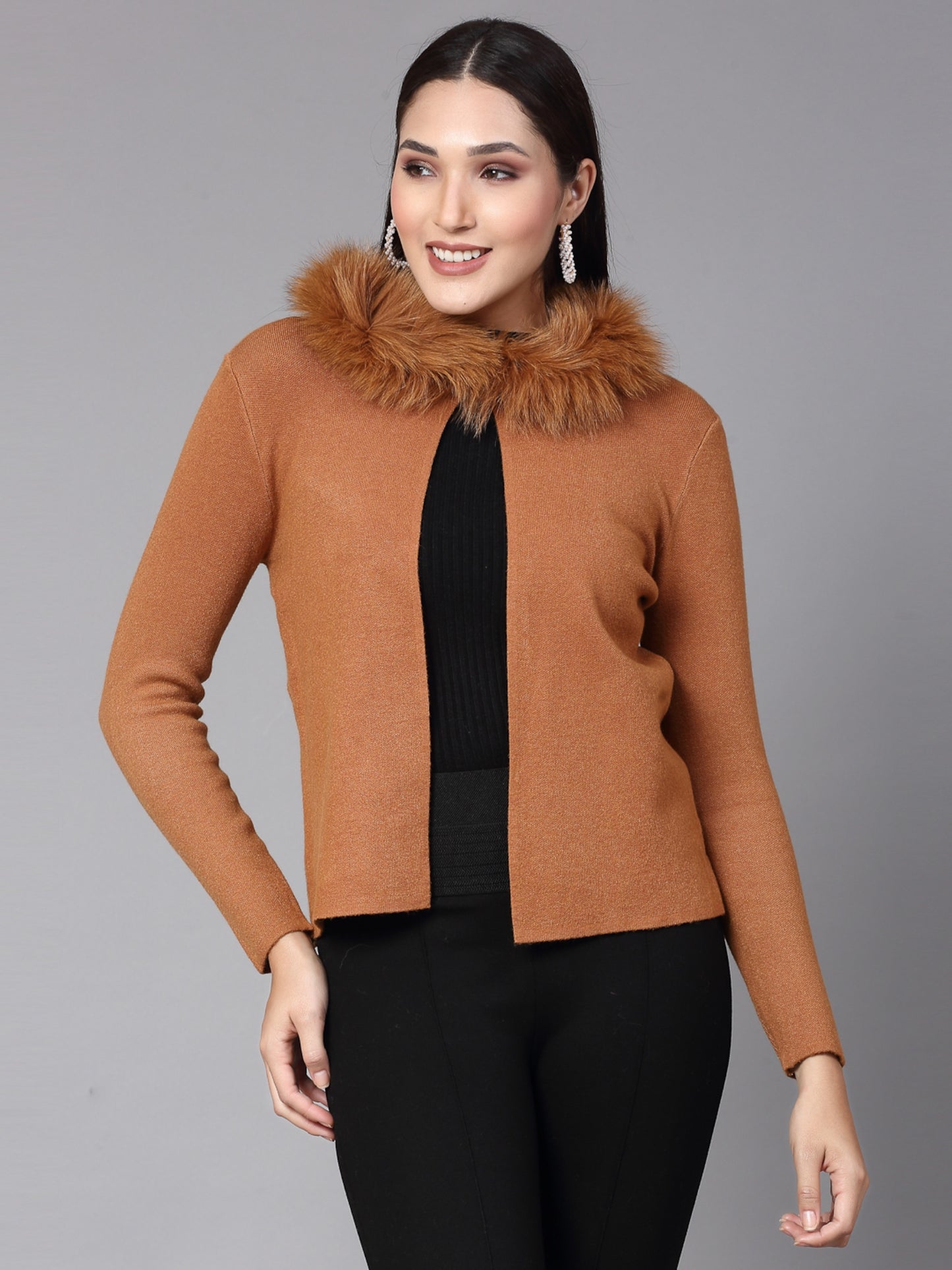 Mafadeny Women Winter Wear Khakhi furry Shrug