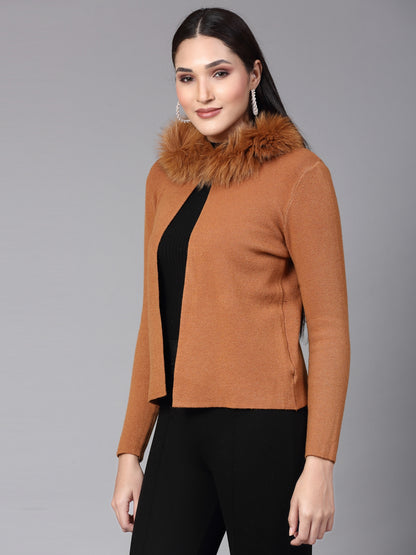 Mafadeny Women Winter Wear Khakhi furry Shrug