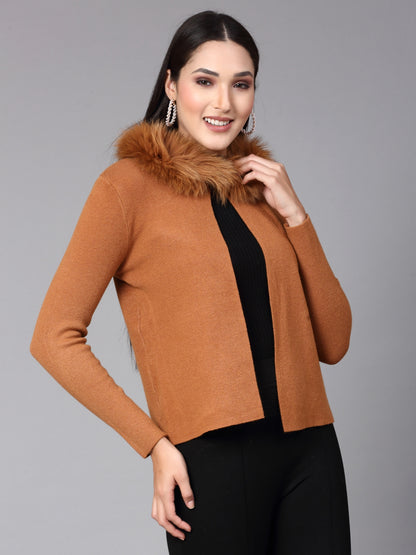 Mafadeny Women Winter Wear Khakhi furry Shrug