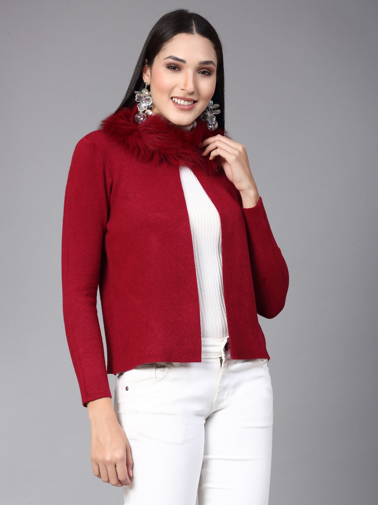 Mafadeny Women Winter Wear Red furry Shrug