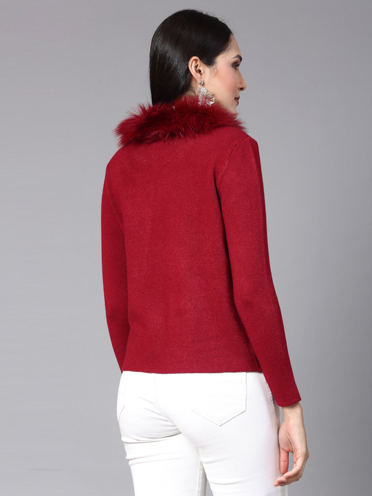 Mafadeny Women Winter Wear Red furry Shrug