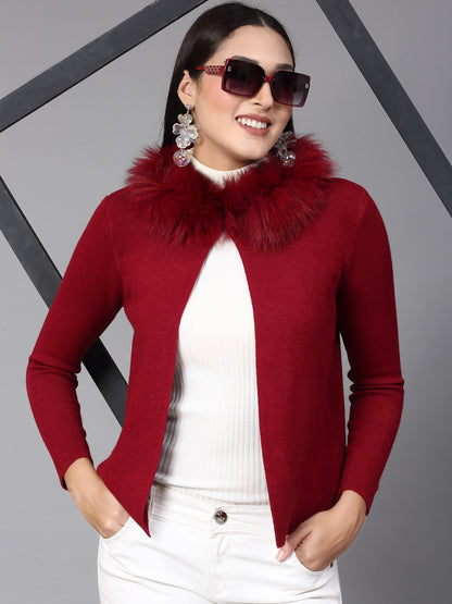 Mafadeny Women Winter Wear Red furry Shrug