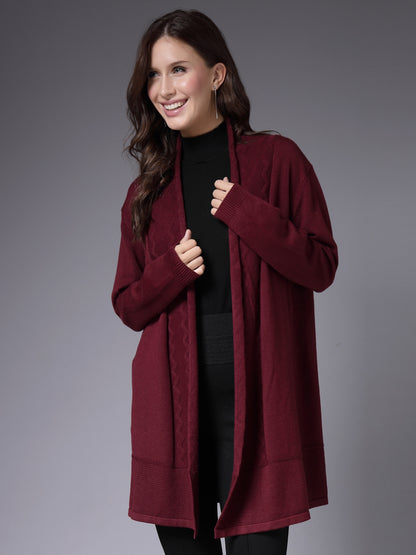 Mafadeny Women Winter Wear Maroon Longline Shrug