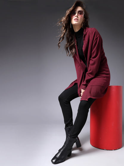 Mafadeny Women Winter Wear Maroon Longline Shrug