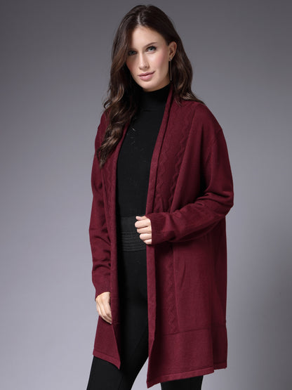 Mafadeny Women Winter Wear Maroon Longline Shrug