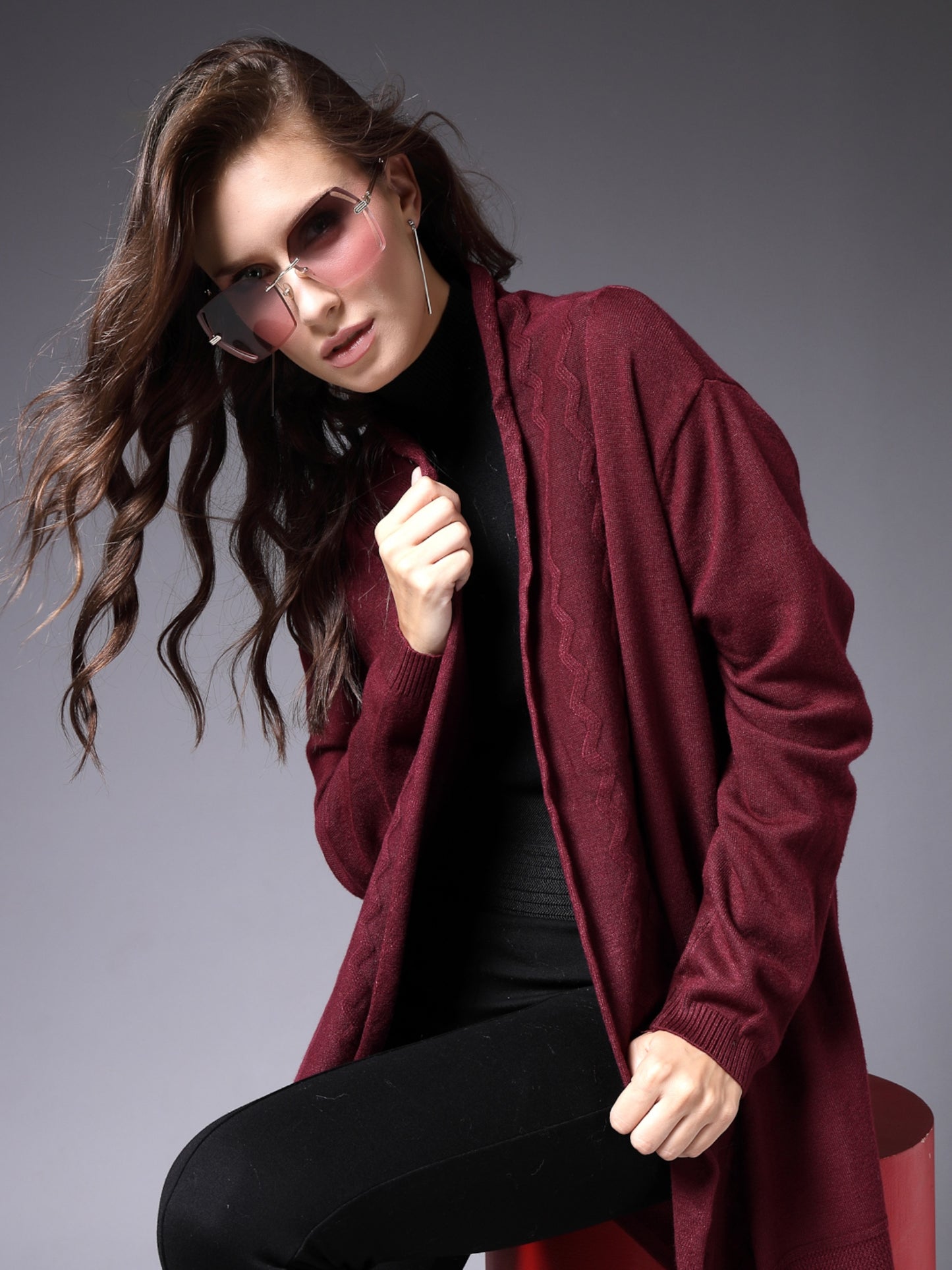 Mafadeny Women Winter Wear Maroon Longline Shrug