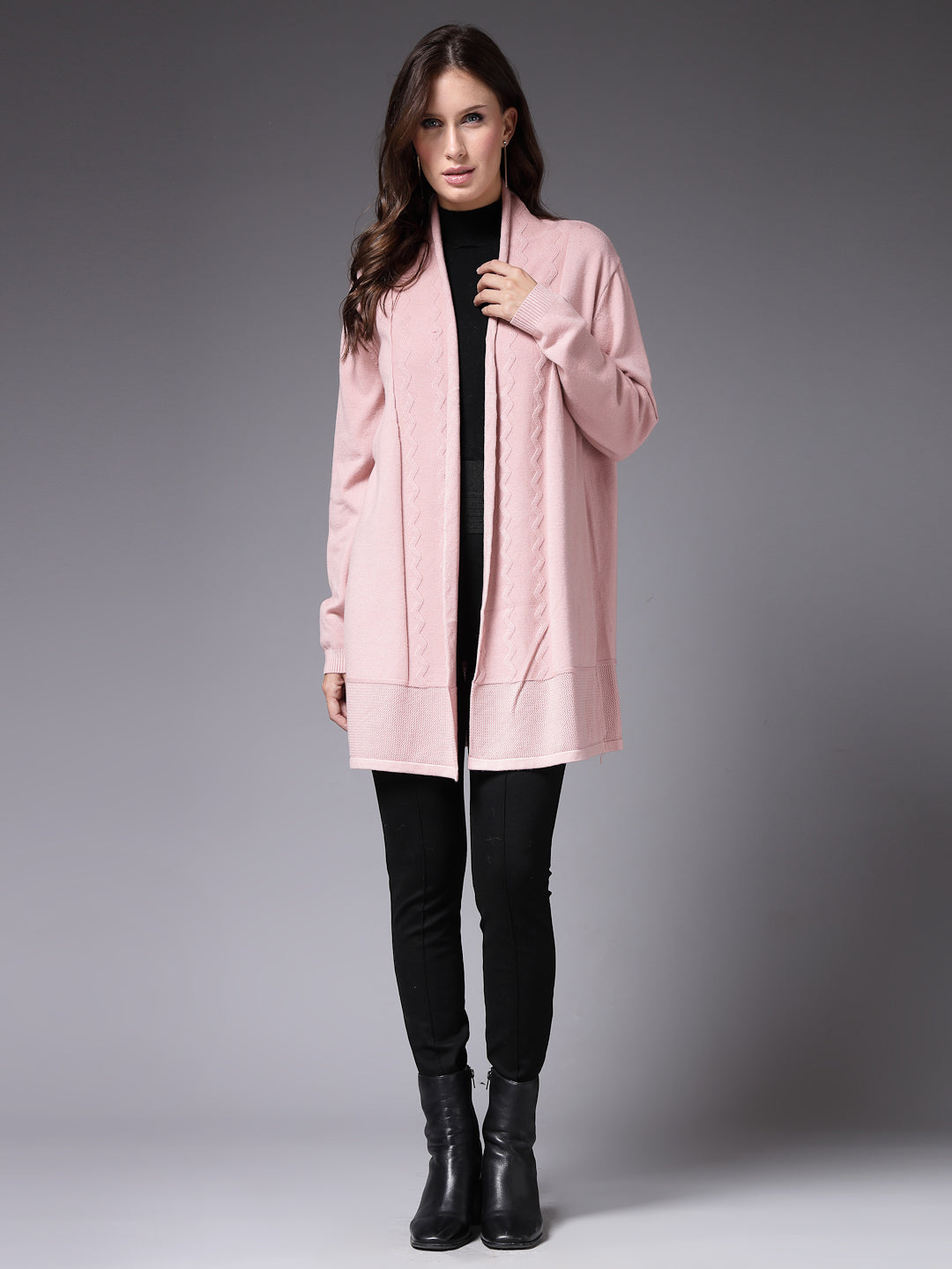 Mafadeny Women Winter Wear Peach Solid Longline Shrug