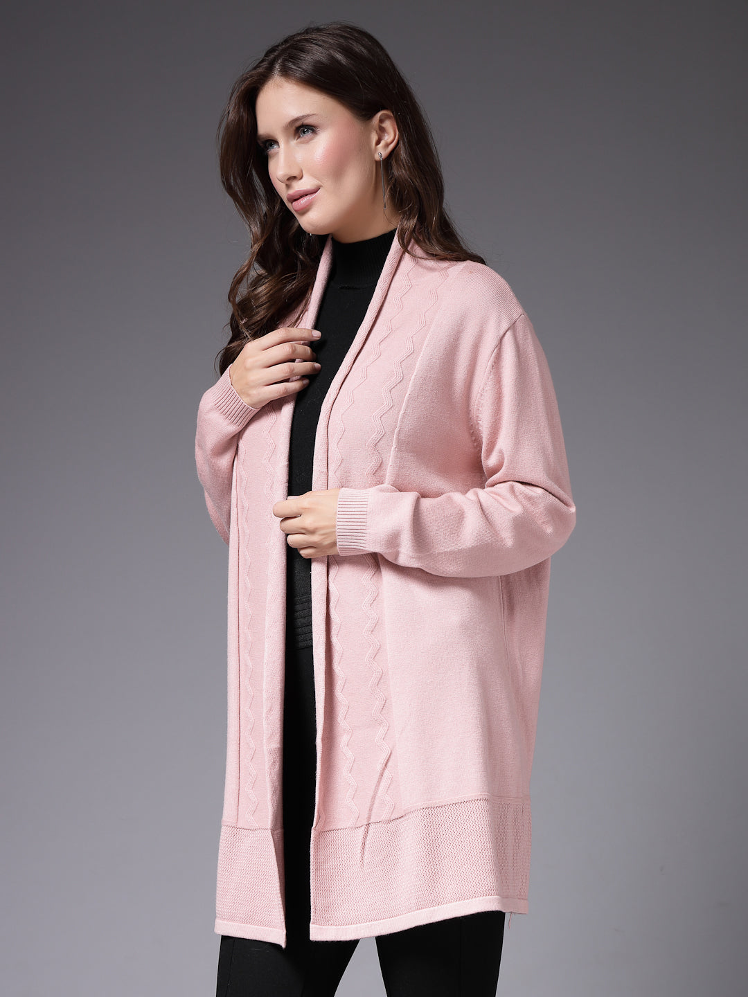 Mafadeny Women Winter Wear Peach Solid Longline Shrug