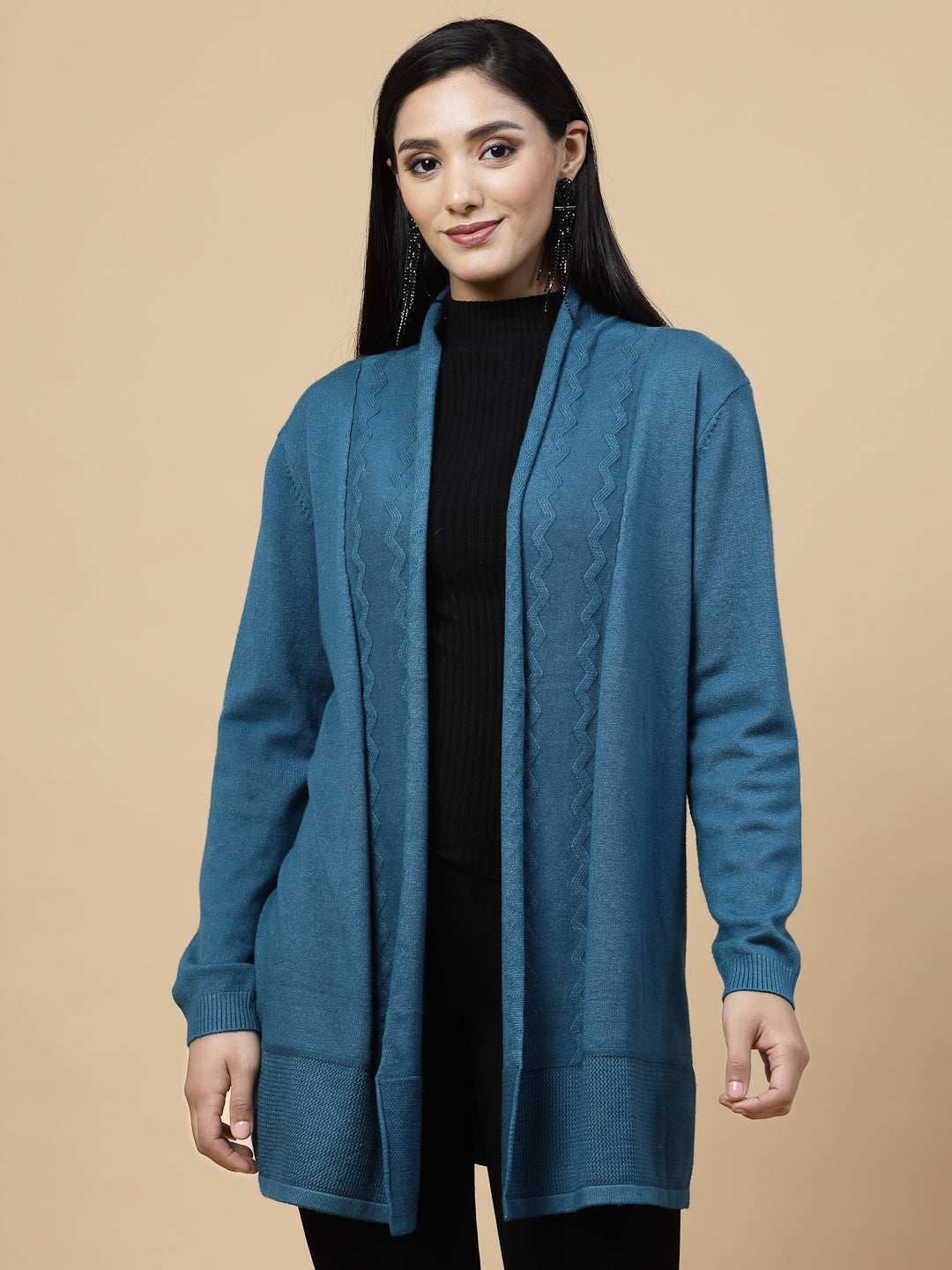 Mafadeny Women Winter Wear Teal Blue Solid Longline Shrug