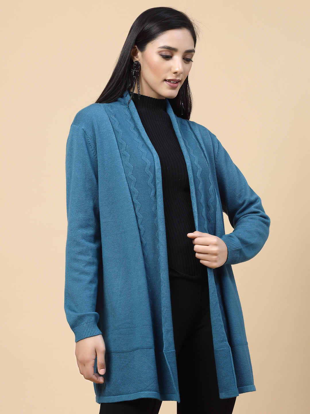 Mafadeny Women Winter Wear Teal Blue Solid Longline Shrug