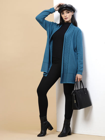 Mafadeny Women Winter Wear Teal Blue Solid Longline Shrug