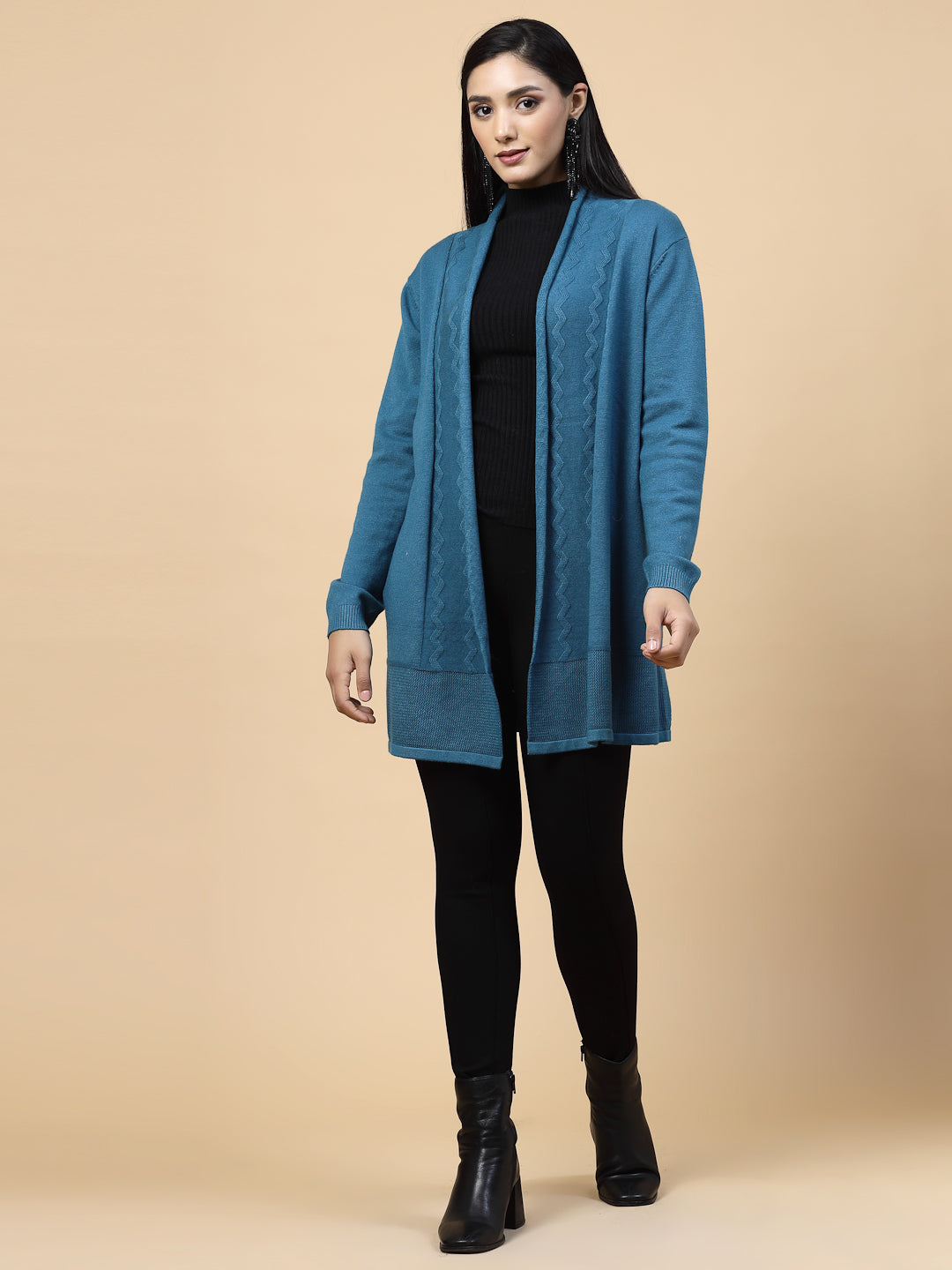 Mafadeny Women Winter Wear Teal Blue Solid Longline Shrug