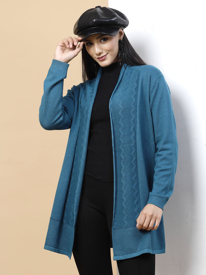 Mafadeny Women Winter Wear Teal Blue Solid Longline Shrug