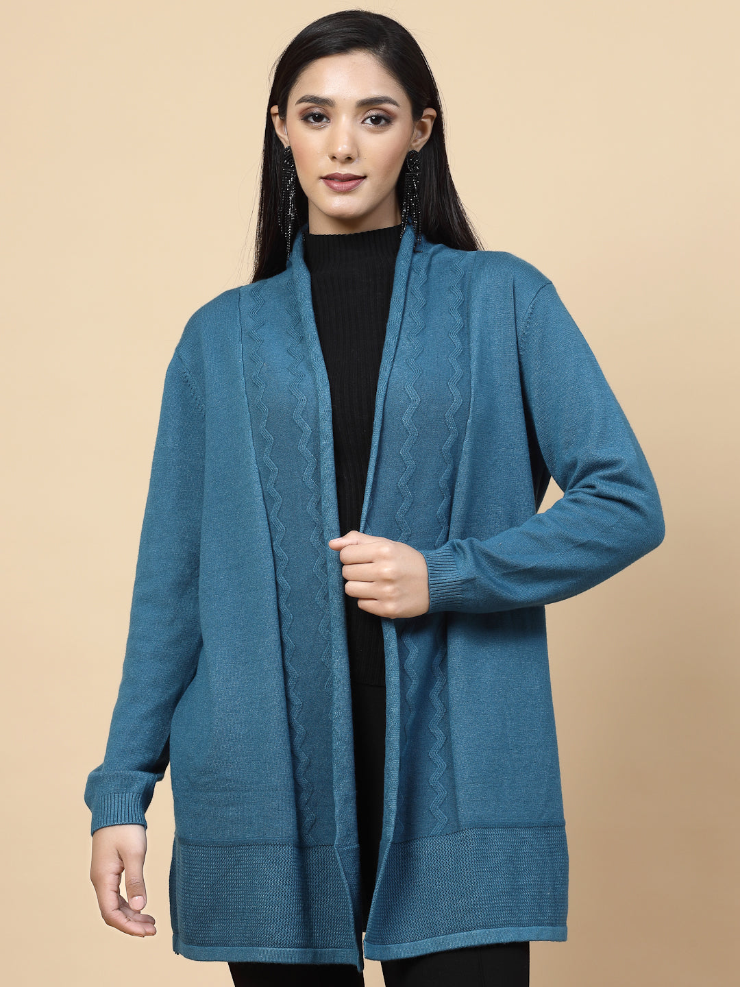 Mafadeny Women Winter Wear Teal Blue Solid Longline Shrug