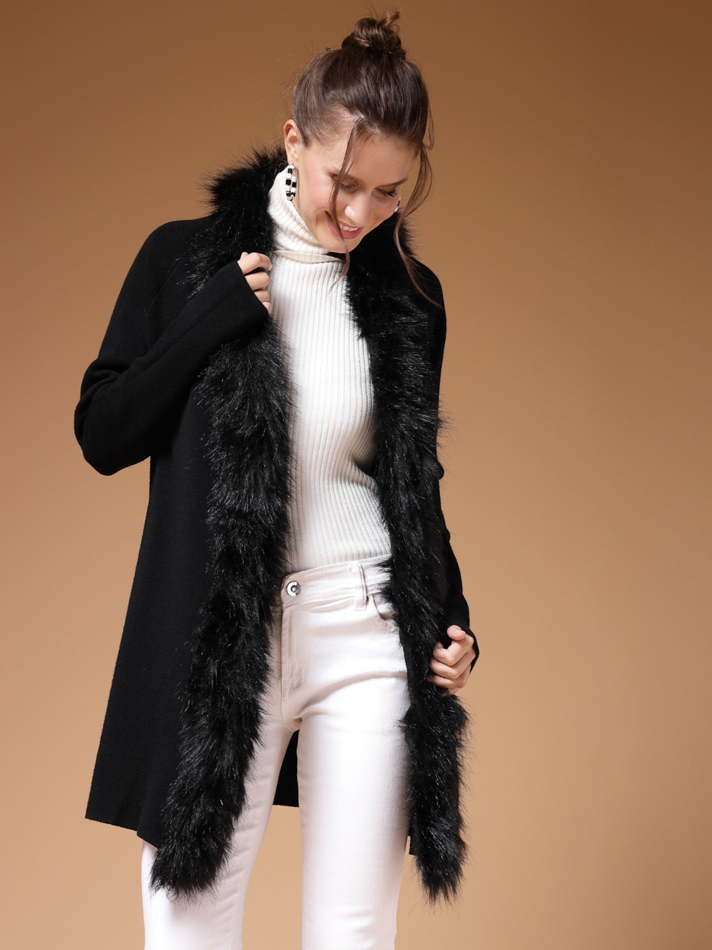 Mafadeny Women Winter Wear Black Longline Furry Shrug