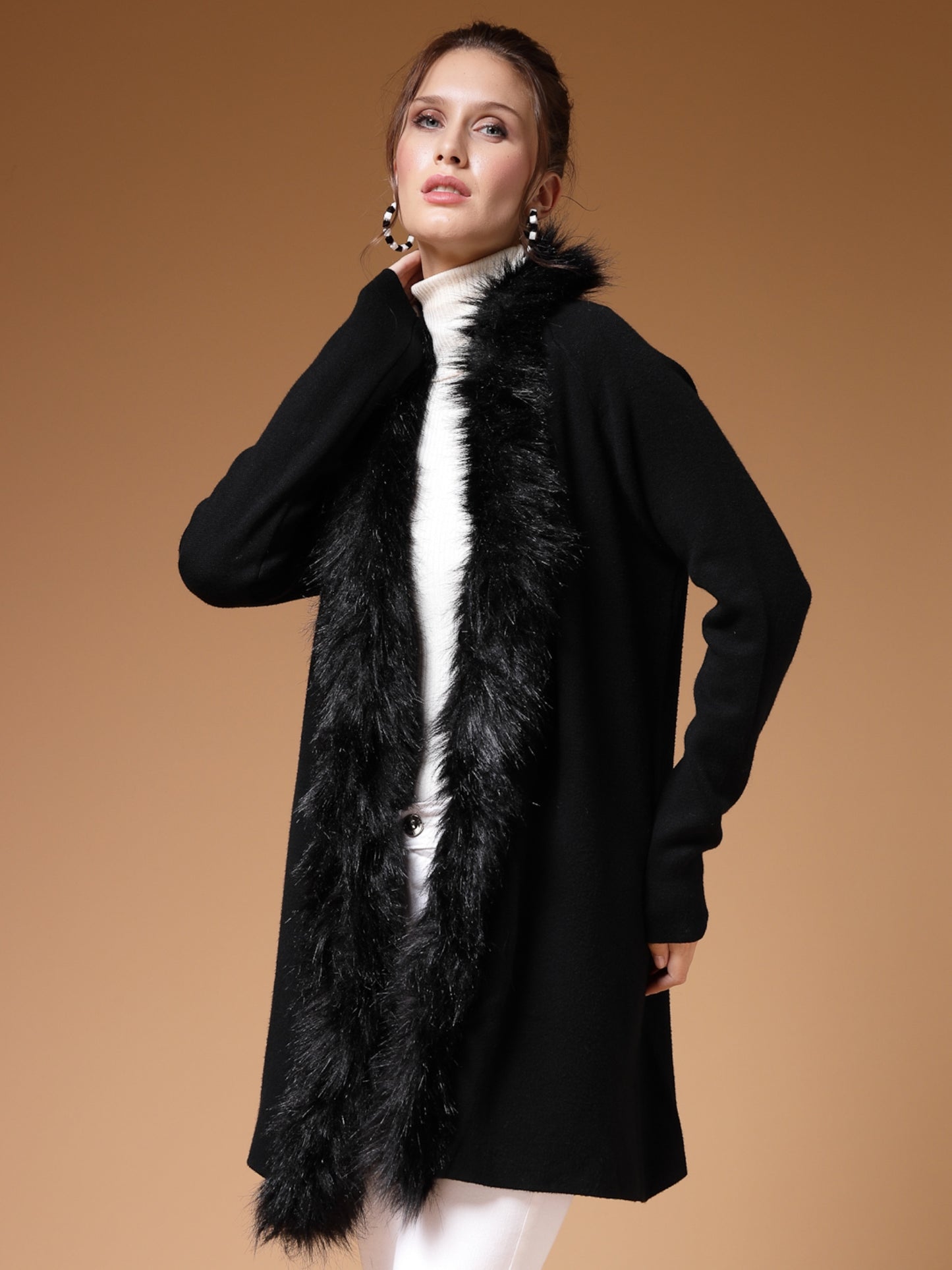 Mafadeny Women Winter Wear Black Longline Furry Shrug