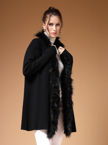 Mafadeny Women Winter Wear Black Longline Furry Shrug