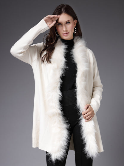 Mafadeny Women Winter Wear Cream Longline Furry Shrug