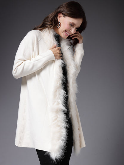 Mafadeny Women Winter Wear Cream Longline Furry Shrug