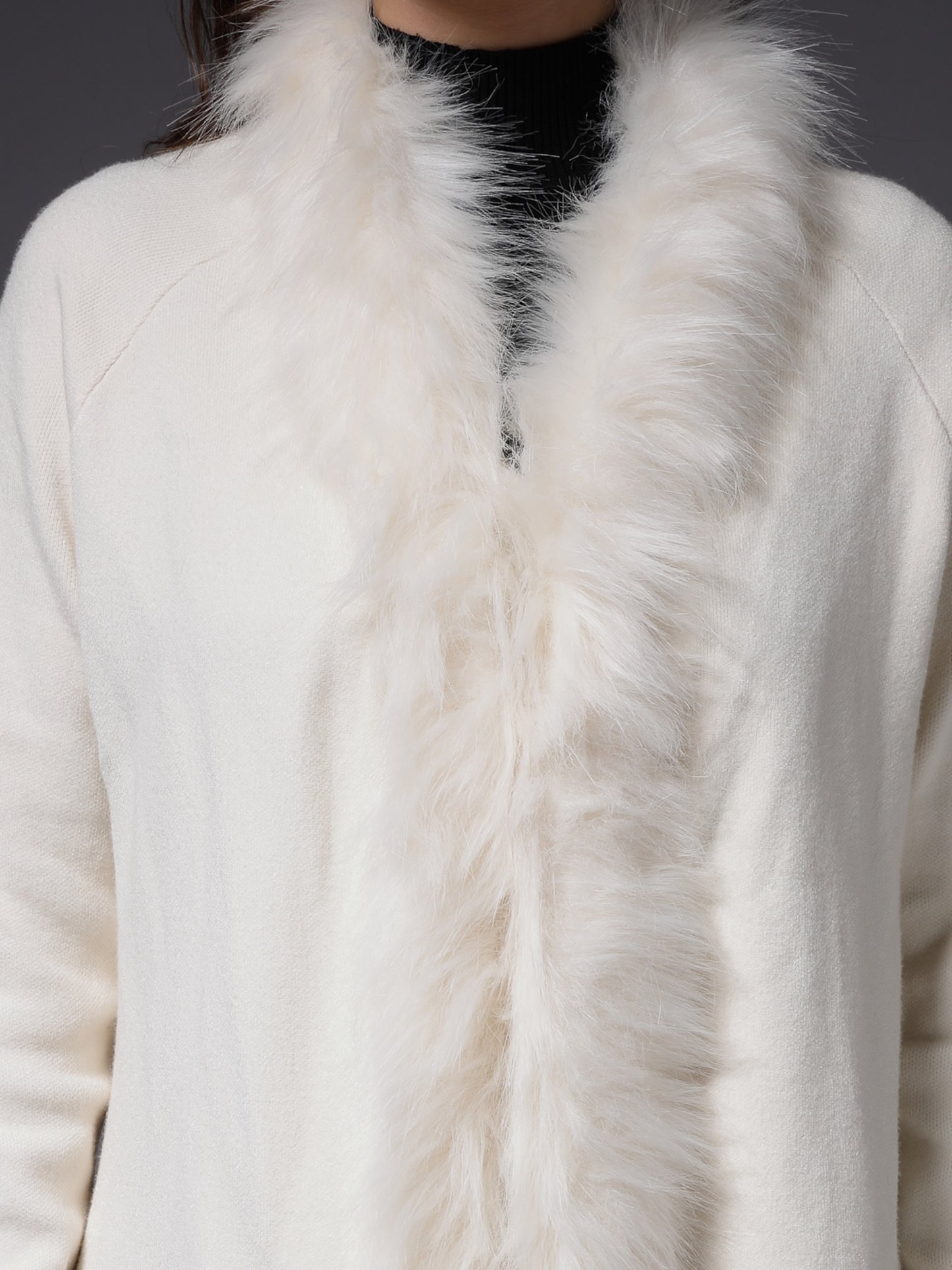 Mafadeny Women Winter Wear Cream Longline Furry Shrug