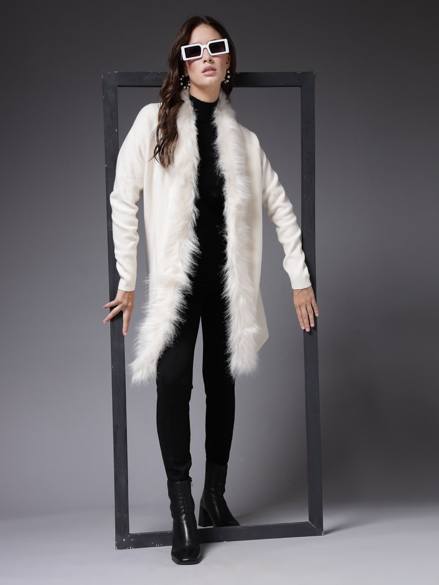 Mafadeny Women Winter Wear Cream Longline Furry Shrug