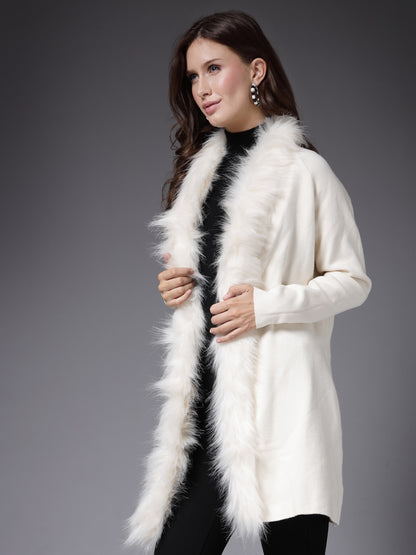 Mafadeny Women Winter Wear Cream Longline Furry Shrug