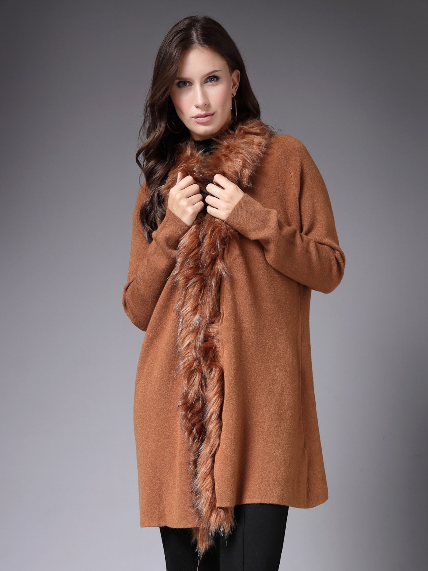 Mafadeny Women Winter Wear Khakhi Longline Furry Shrug