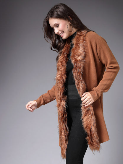 Mafadeny Women Winter Wear Khakhi Longline Furry Shrug