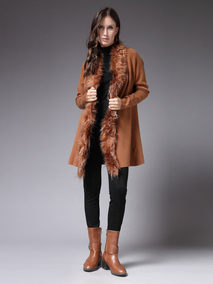 Mafadeny Women Winter Wear Khakhi Longline Furry Shrug