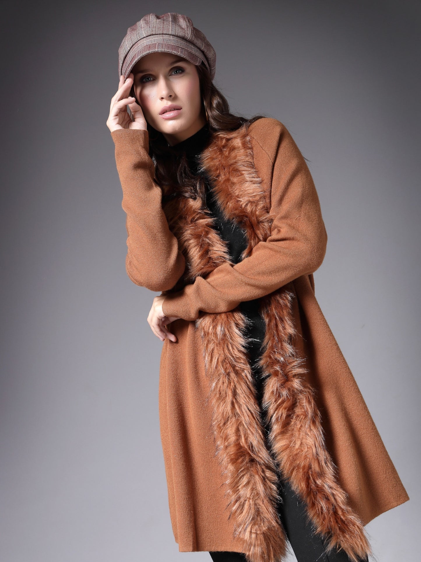 Mafadeny Women Winter Wear Khakhi Longline Furry Shrug