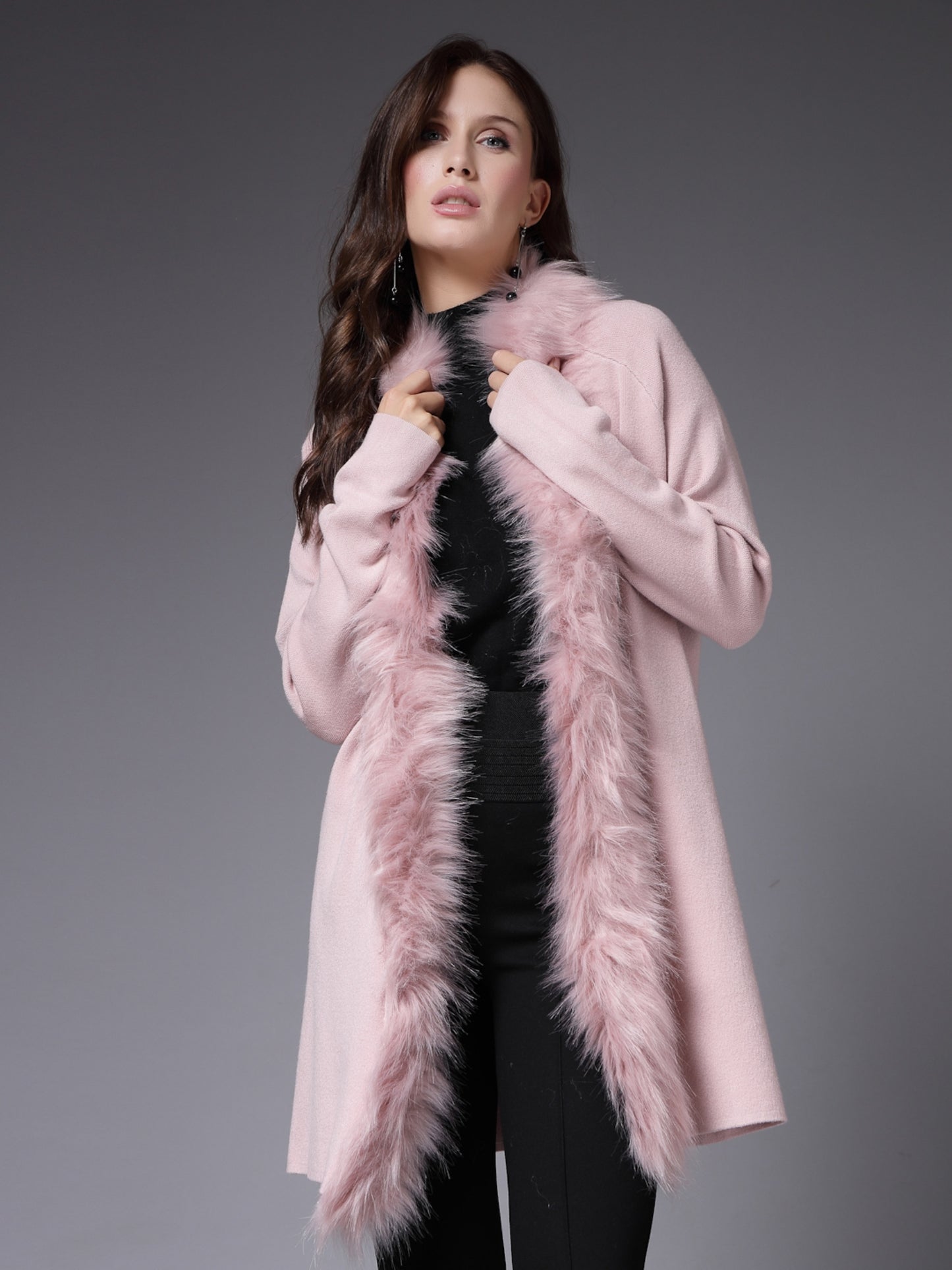 Mafadeny Women Winter Wear Peach Longline Furry Shrug