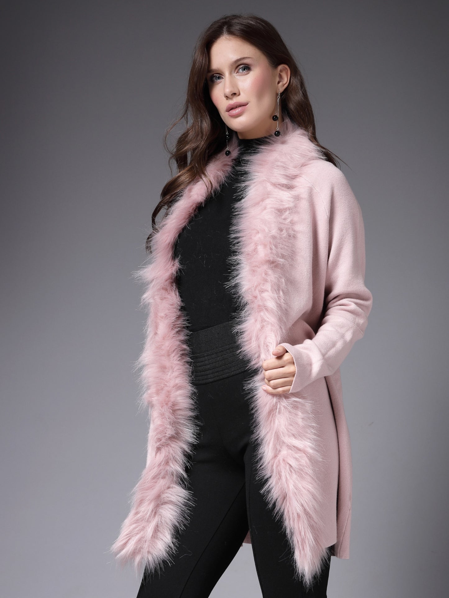 Mafadeny Women Winter Wear Peach Longline Furry Shrug